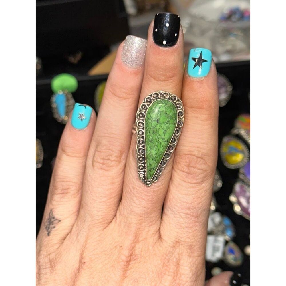 Green Apple Turquoise Teardrop Sterling Silver Overlay Ring Size 7